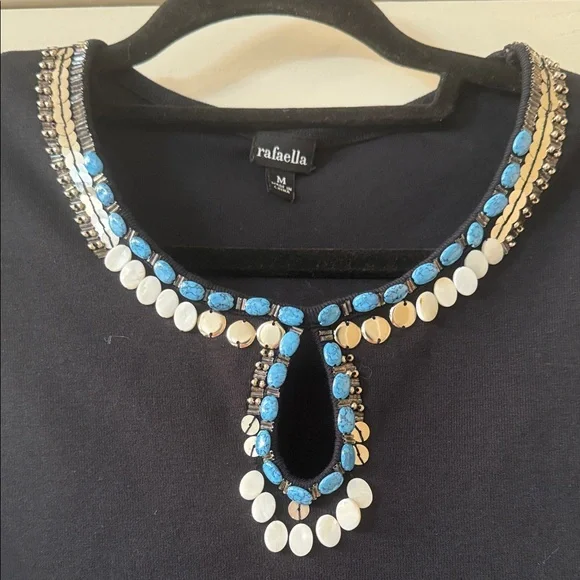 Elegant Black Sleeveless Top with Turquoise Beaded Neckline size m - Picture 3 of 4